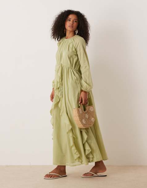 ASOS DESIGN crew neck ruched waist maxi dress with ruffles in muted green