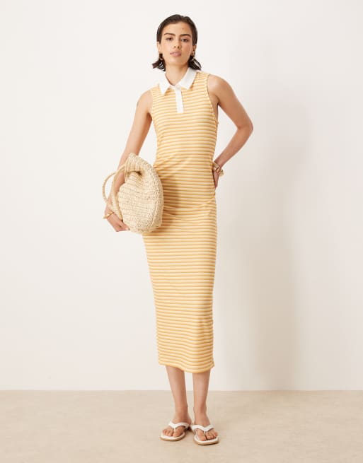 ASOS DESIGN – Marszczona w talii sukienka midi w żółte paski bez rękawów z kołnierzykiem polo
