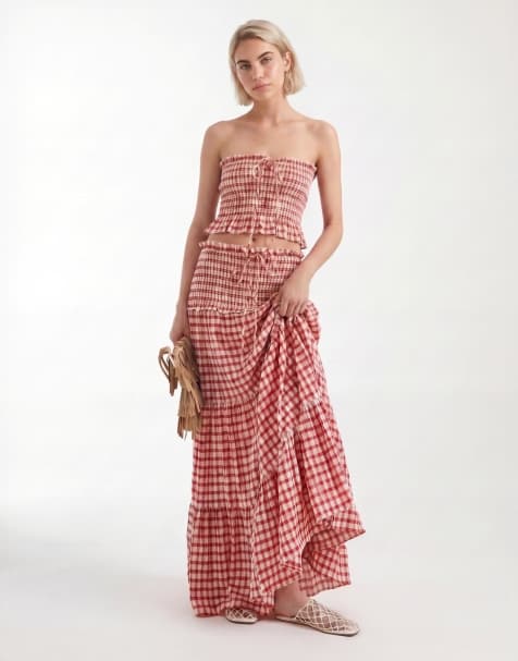 ASOS DESIGN – Marszczona w talii warstwowa spódnica maxi z kory w kratkę vichy, część zestawu - view 1