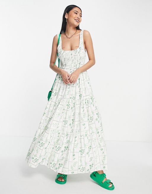 ASOS DESIGN – Marszczona warstwowa letnia sukienka maxi w zielony kwiatowy  wzór | ASOS