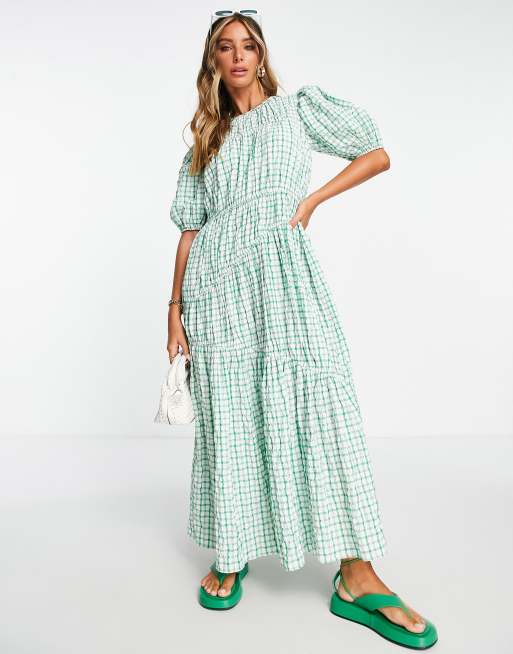 ASOS DESIGN – Marszczona warstwowa sukienka midi w zieloną kratkę