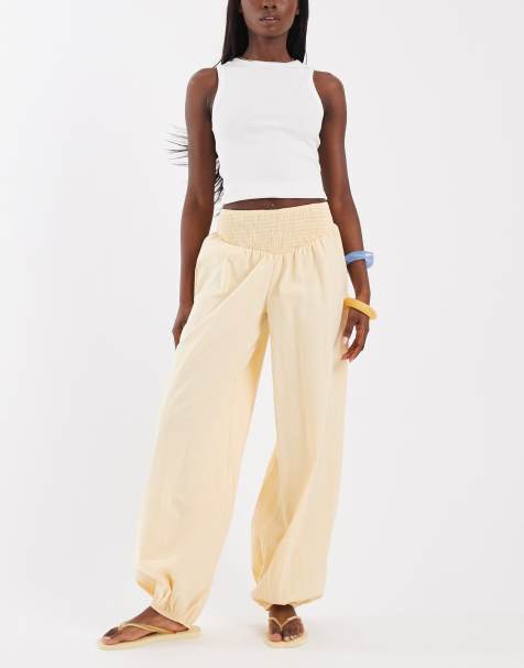 ASOS DESIGN – Marszczone spodnie z balonowymi nogawkami z mieszanki lnu w naturalnym kolorze, część zestawu - view 1