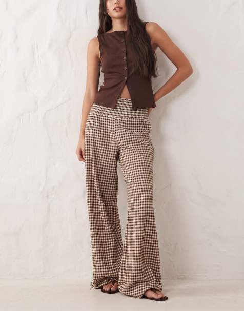 ASOS DESIGN shirred wide leg trouser in brown gingham