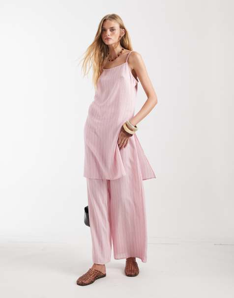 ASOS DESIGN – Marszczone spodnie z szerokimi nogawkami w różowe paski, część zestawu - view 1