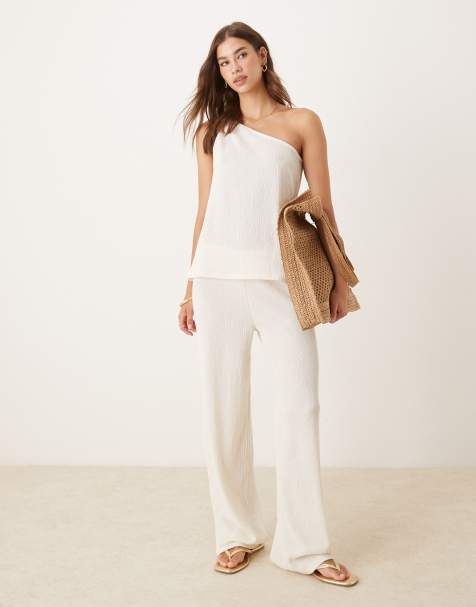 ASOS DESIGN texture crinkle wide leg trouser co-ord in cream