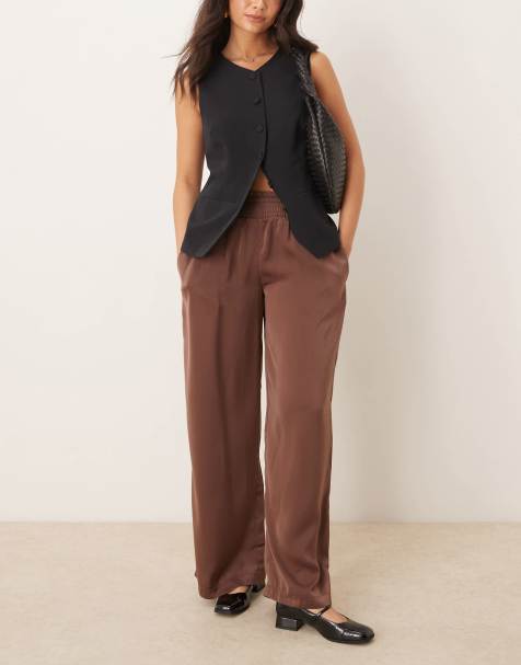 ASOS DESIGN shirred waist satin pull on trousers in mocha