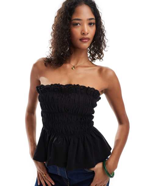 ASOS DESIGN shirred bandeau top with broderie trim in black