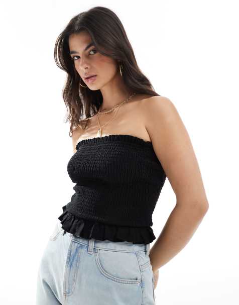 ASOS DESIGN shirred bandeau top in linen blend in black