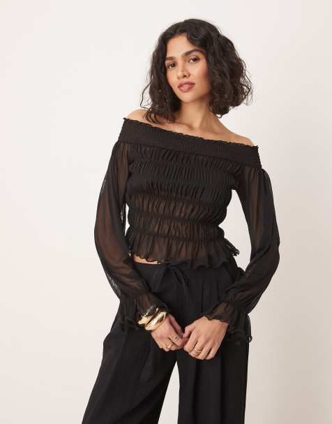 ASOS DESIGN – Marszczony czarny top z długim rękawem i dekoltem bardot - view 1