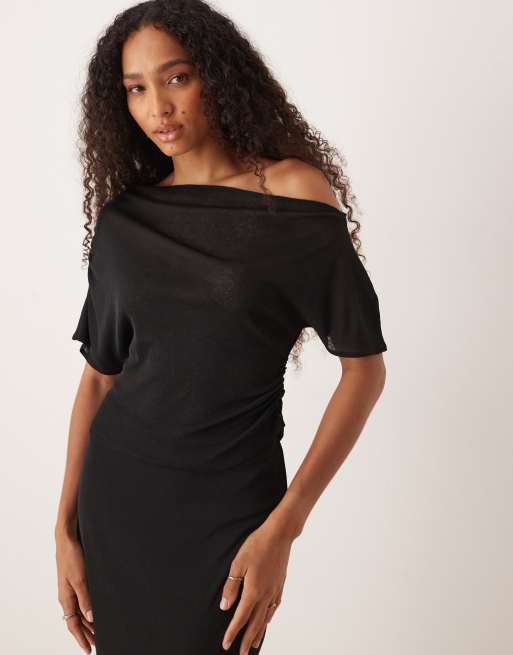 ASOS DESIGN – Marszczony czarny top z odsłoniętym ramieniem z lekko prześwitującej siateczki, część zestawu