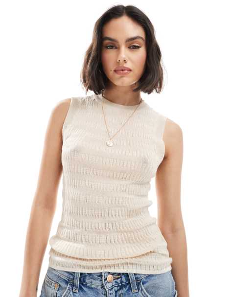 ASOS DESIGN knitted shirred tank top in ecru