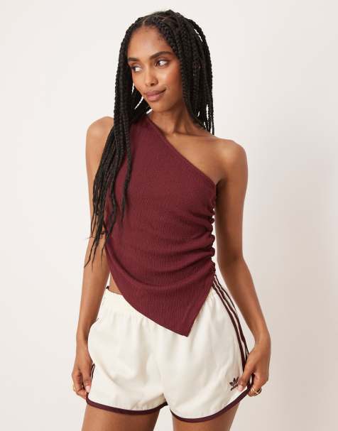 ASOS DESIGN textured one shoulder ruched top in burgundy