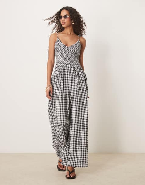 ASOS DESIGN V neck poly crinkle dropped waist jumpsuit in gingham