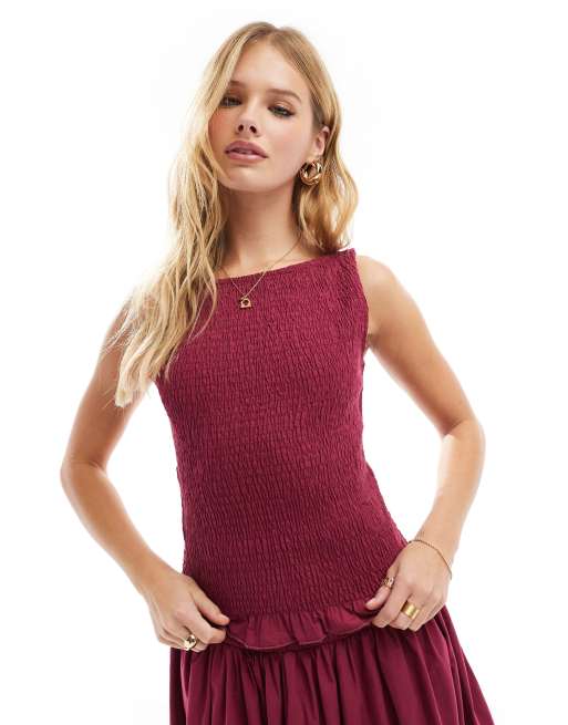ASOS DESIGN – Marszczony popelinowy podkoszulek bez rękawów w bordowym kolorze, część zestawu