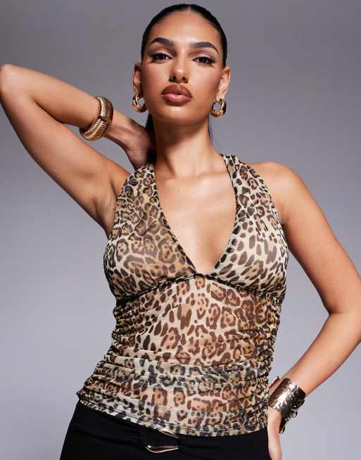 ASOS DESIGN – Marszczony siateczkowy top z głębokim dekoltem halter w panterkę