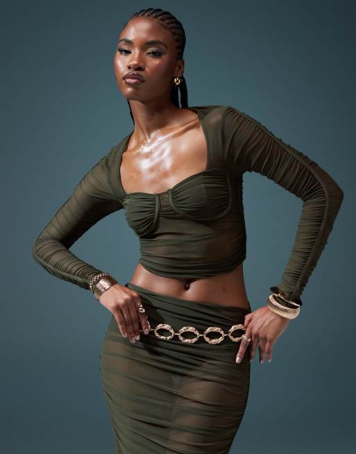 ASOS DESIGN – Marszczony siateczkowy top z ozdobnym biustem w kolorze khaki, część zestawu