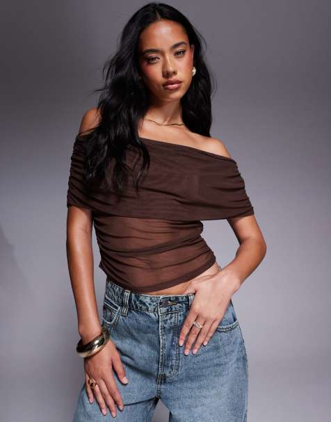 ASOS DESIGN mesh fold over ruched off shoulder top in chocolate