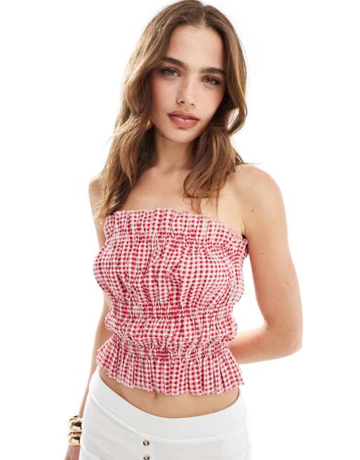 ASOS DESIGN – Marszczony top bandeau z surowym wykończeniem w czerwoną kratkę vichy