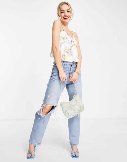 ASOS DESIGN – Marszczony top na ramiączkach z baskinką w pastelowe kwiaty 