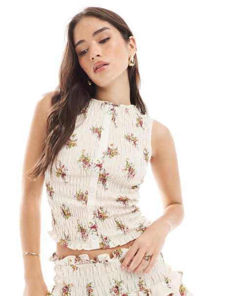 ASOS DESIGN shirred bodice button through cami in ditsy print