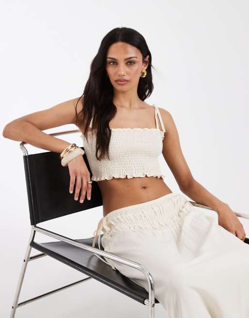 ASOS DESIGN – Marszczony zestaw z domieszką lnu w kolorze kości słoniowej, 2 z 3