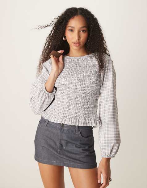 ASOS DESIGN shirred top in brown check