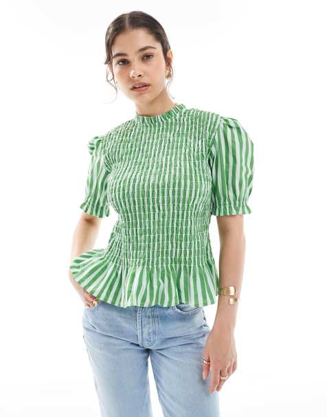 ASOS DESIGN – Marszczony top w paski z golfem i krótkim rękawem - view 1