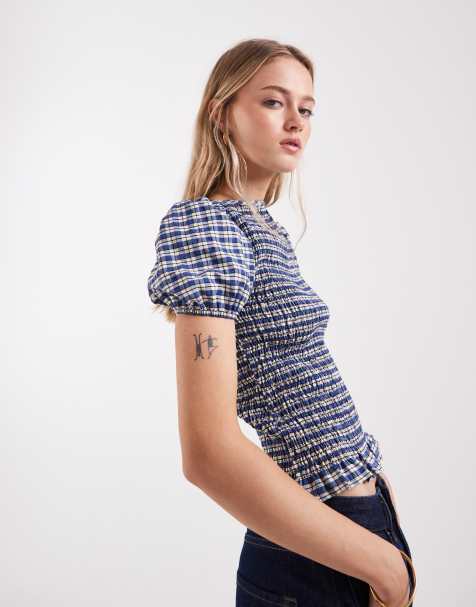 ASOS DESIGN – Marszczony top z bufkami w niebieską kratkę, część zestawu - view 1