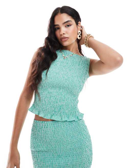 ASOS DESIGN – Marszczony top z dekoltem w łódkę w zieloną kratkę vichy