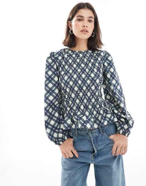 ASOS DESIGN – Marszczony top z długim rękawem i prostym dekoltem w kratkę - view 1