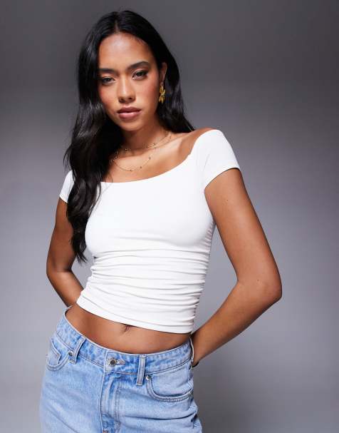 ASOS DESIGN polyamide off shoulder ruched top in ivory