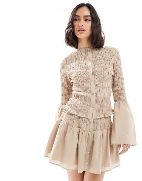 ASOS DESIGN shirred angel sleeve top in neutral