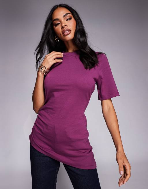ASOS DESIGN – Marszczony w talii asymetryczny fioletowy T-shirt o wydłużonym fasonie