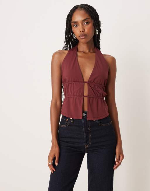 ASOS DESIGN – Marszczony w talii bordowy top z poliamidu z dekoltem typu halter