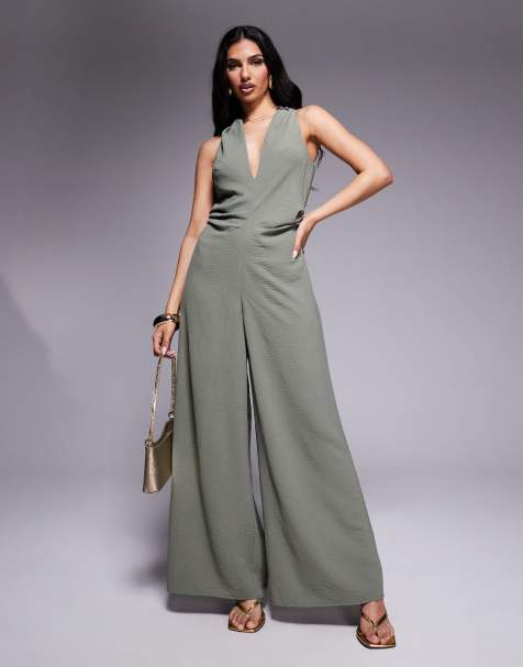 ASOS DESIGN ruched waist detail v neck jumpsuit in khaki