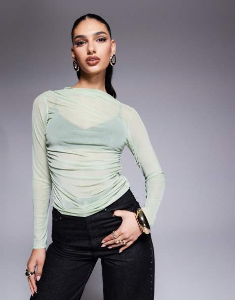 ASOS DESIGN – Marszczony z boku szałwiowy siateczkowy top z długim rękawem - view 1