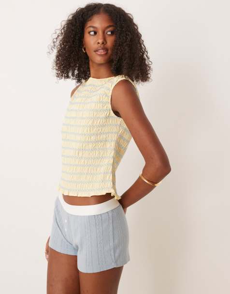 ASOS DESIGN shirred tank top with contrast stitching in yellow