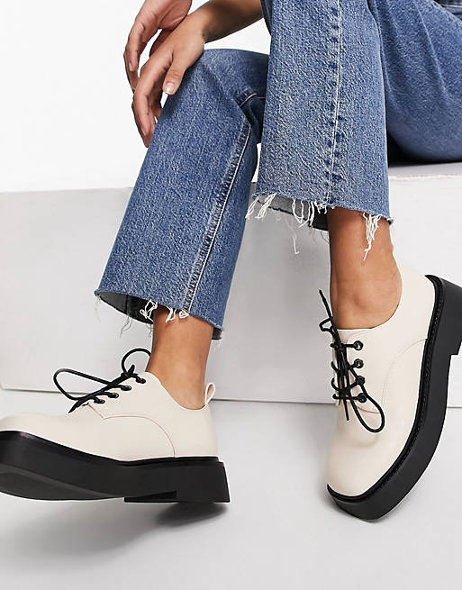 ASOS DESIGN Martial chunky lace up flat shoes in bone
