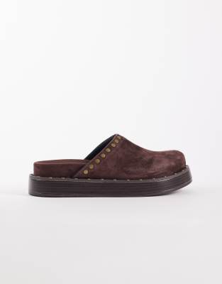 Asos Design Marvel Premium Suede Studded Footbed Mules In Brown