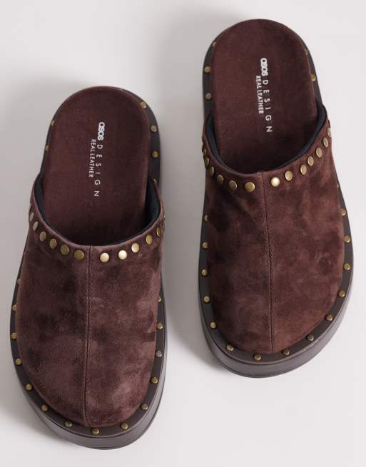 ASOS DESIGN Marvel premium suede studded footbed mules in chocolate, 3 of 4