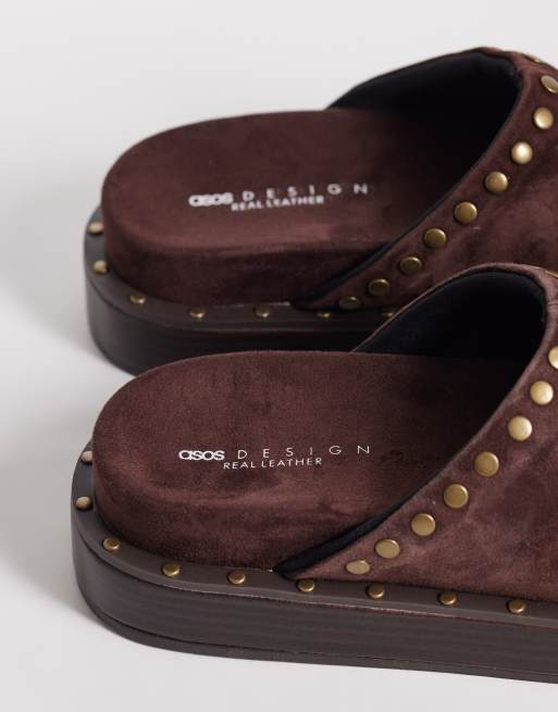ASOS DESIGN Marvel premium suede studded footbed mules in chocolate, 4 of 4