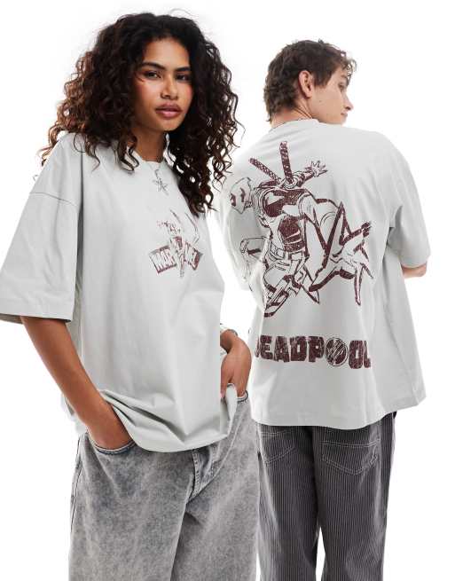 ASOS DESIGN – Marvel – Szary T-shirt unisex o fasonie oversize z grafiką Deadpool