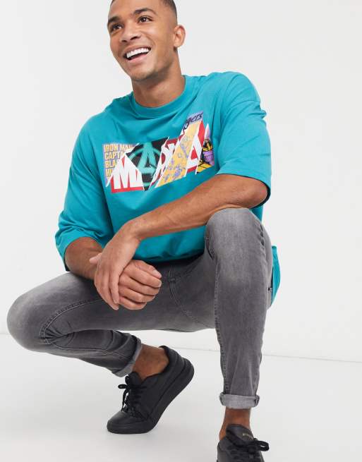ASOS DESIGN – Marvel – Turkusowy t-shirt oversize z nadrukiem na klatce piersiowej