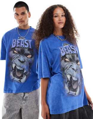 ASOS DESIGN - Marvel - Unisex-T-Shirt in Blau mit Oversize-Schnitt und „X-Men Beast"-Print auf der Vorderseite