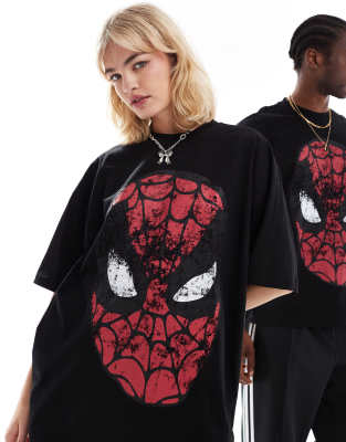 ASOS DESIGN - Marvel - Unisex-T-Shirt in Schwarz mit Oversize-Schnitt und großem Spider-Man-Print