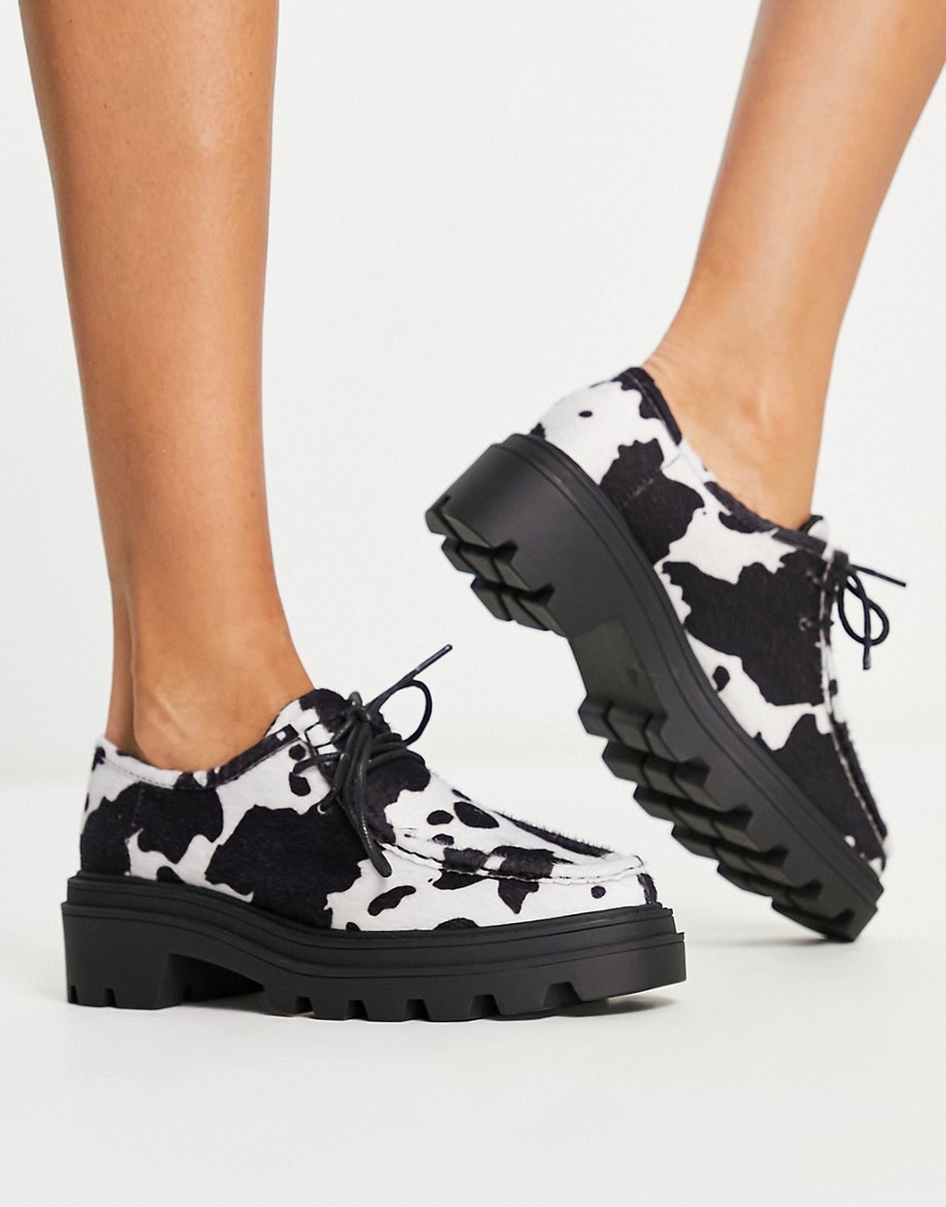 ASOS DESIGN Marver lace up flat shoes in cow print-Multi
