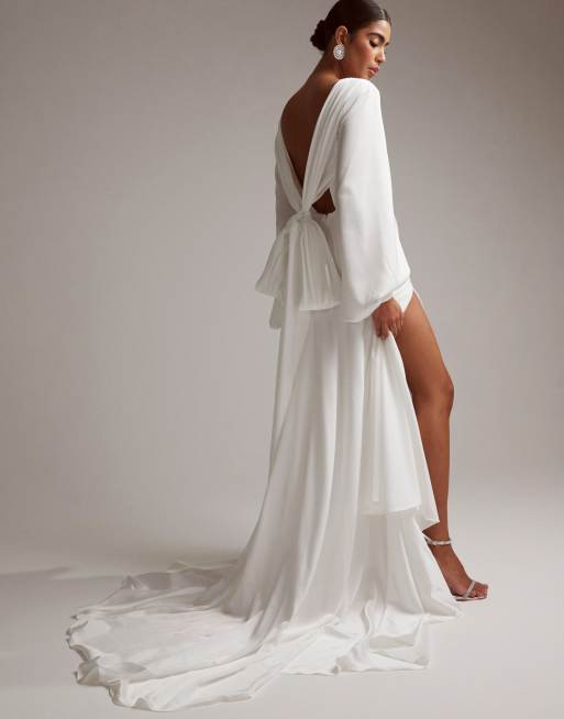 ASOS DESIGN Mary satin wedding dress with drape bow back and blouson sleeve in ivory