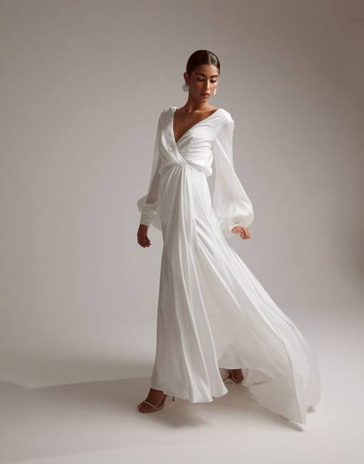 ASOS DESIGN Mary satin wedding dress with drape bow back and blouson sleeve in ivory