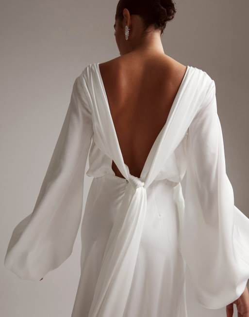 ASOS DESIGN Mary satin wedding dress with drape bow back and blouson sleeve in