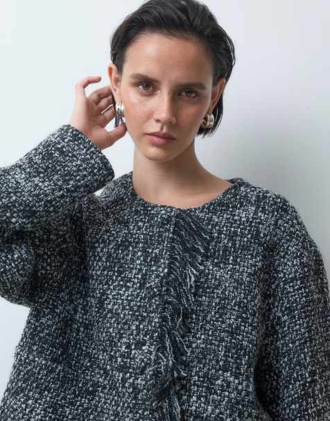 ASOS DESIGN marynarka formalna z boucle, z frędzlami, z wełną, mono - view 1